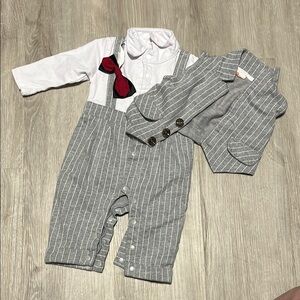 Gray Striped Kids Suit Set with Red Bow Tie